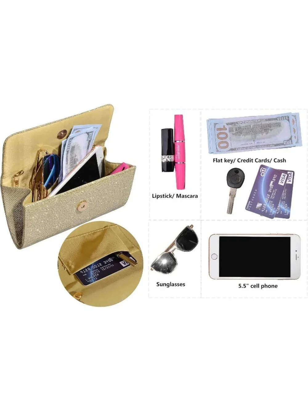 Women's Gold Glitter Clutch Purse Evening Bag With Chain For Wedding Handbag